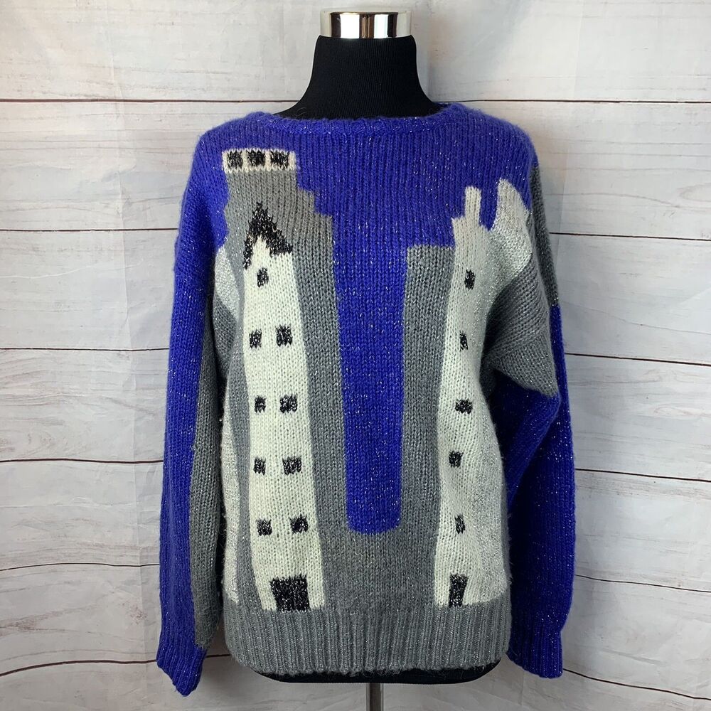 Vintage Wool Angora Sweater Pullover winter Skyscrapers Skyline NYC knit modern